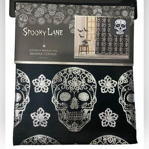 Metallic Silver Sugar Skulls Black Shower Curtain Goth Spooky Decoration NEW NWT